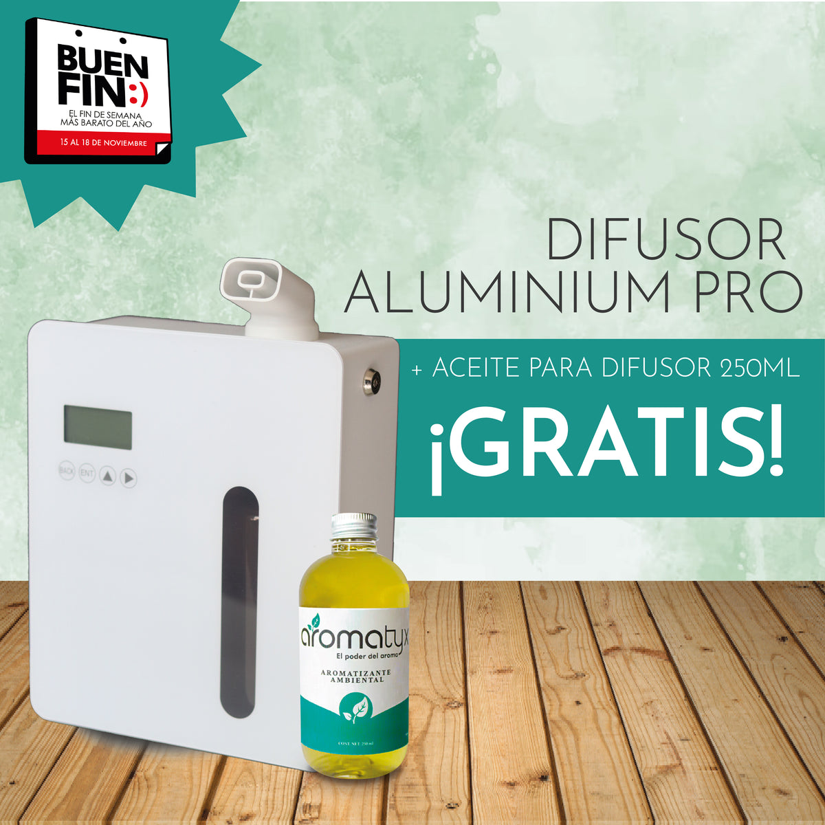 Promo octubre. Difusor de aromas Aluminium Pro, alcance hasta 400 m3, salida de aire con mayor potencia. Aceite 250 ml gratis.